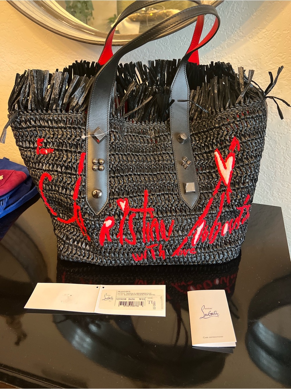 Christian Louboutin Black Woven Straw Tote with Red Script Embroidery